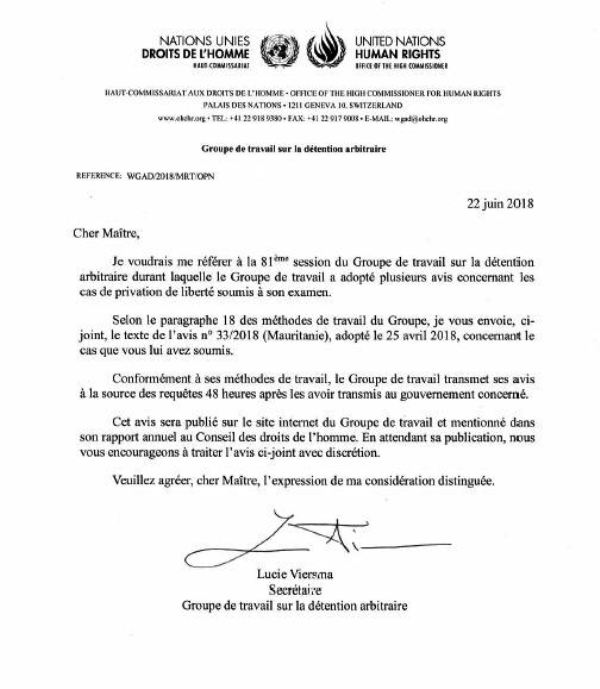 الرسالة التي طالبت فيها الأمم المتحدة لإطلاق سراح السيناتير ولد غدة